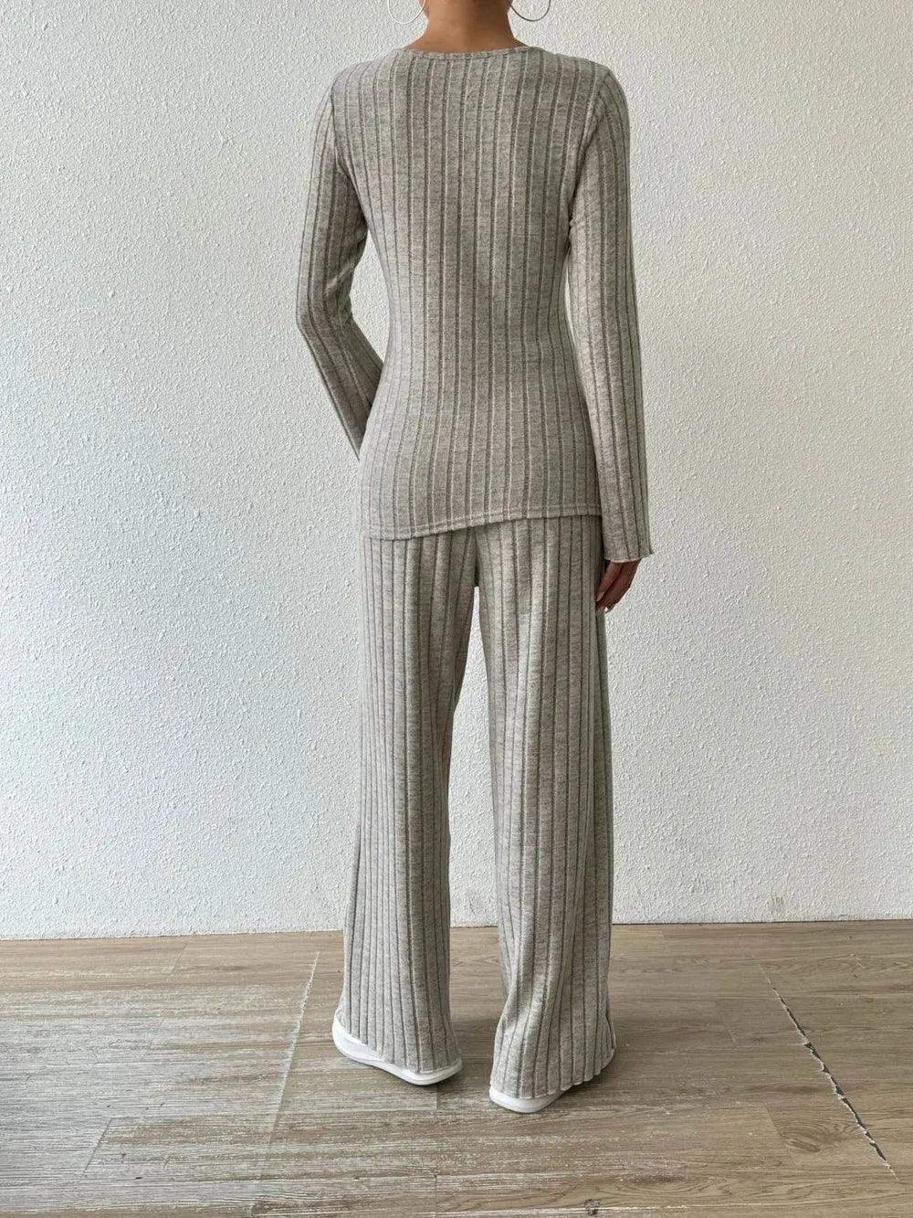 Ribbed V-Neck Long Sleeve Top and Pocketed Pants Set - Which Mark