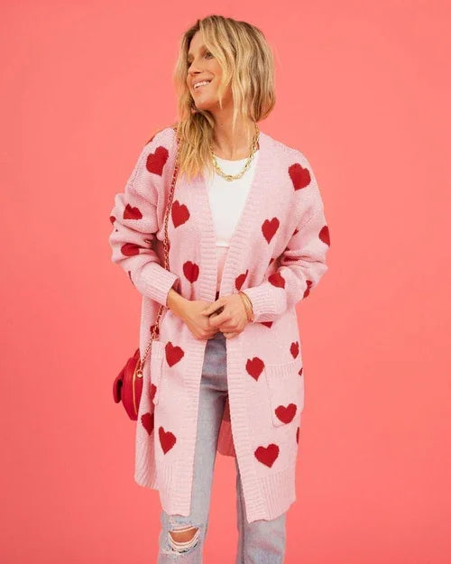 Heart Knitted Cardigan Love Pocket V-neck Mid-length Sweater - Which Mark