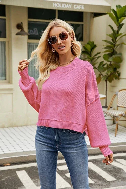 Loose Cropped Pullover Fashion Long Sleeve Round Neck Sweater - Which Mark