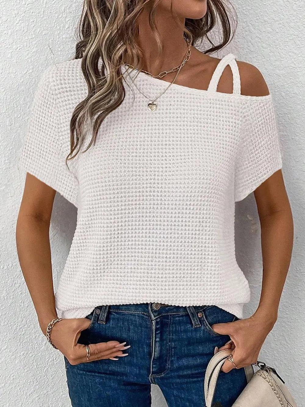 Asymmetrical Neck Short Sleeve T-Shirt - Which Mark