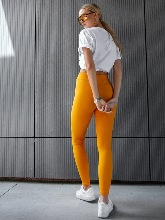 Ribbed women's leggings made of mustard cotton TS10 - Which Mark
