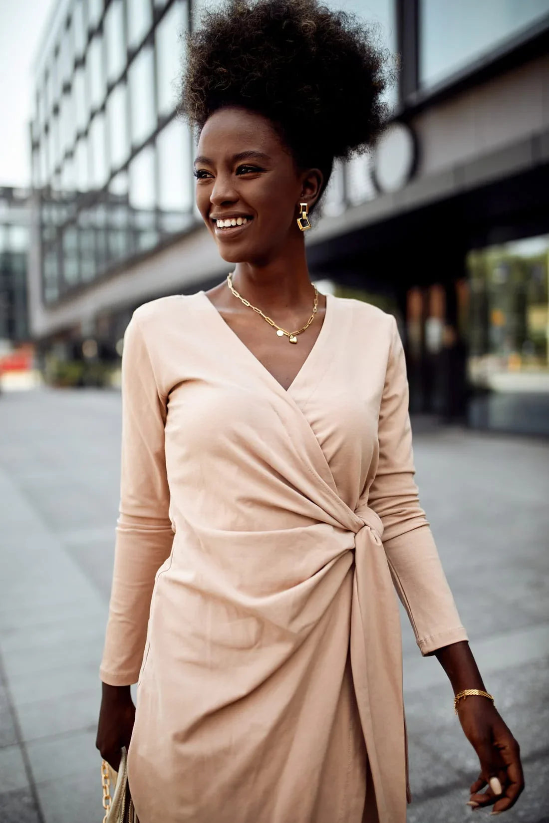 Envelope dress with an asymmetrical bottom, beige FK623 - Which Mark