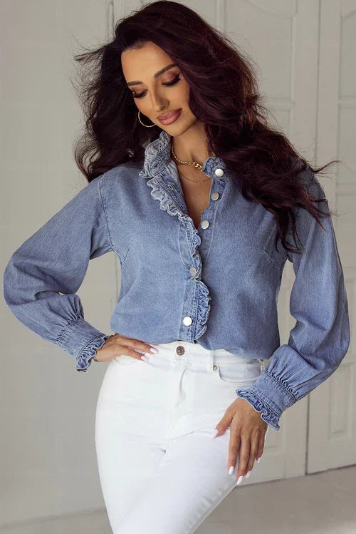 Beau Blue Ruffled Long Sleeve Buttoned Denim Shirt - Which Mark
