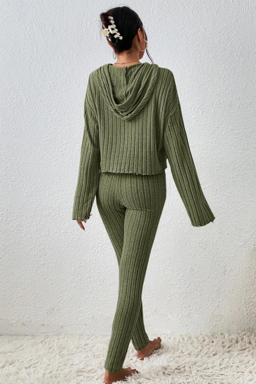 Lettuce Hem Dropped Shoulder Hooded Top and Pants Set - Which Mark
