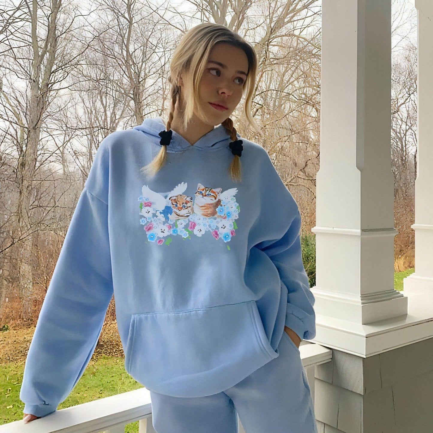 Cat Print Hooded Loose Pullover Long Sleeve Casual Sweater Women - Which Mark