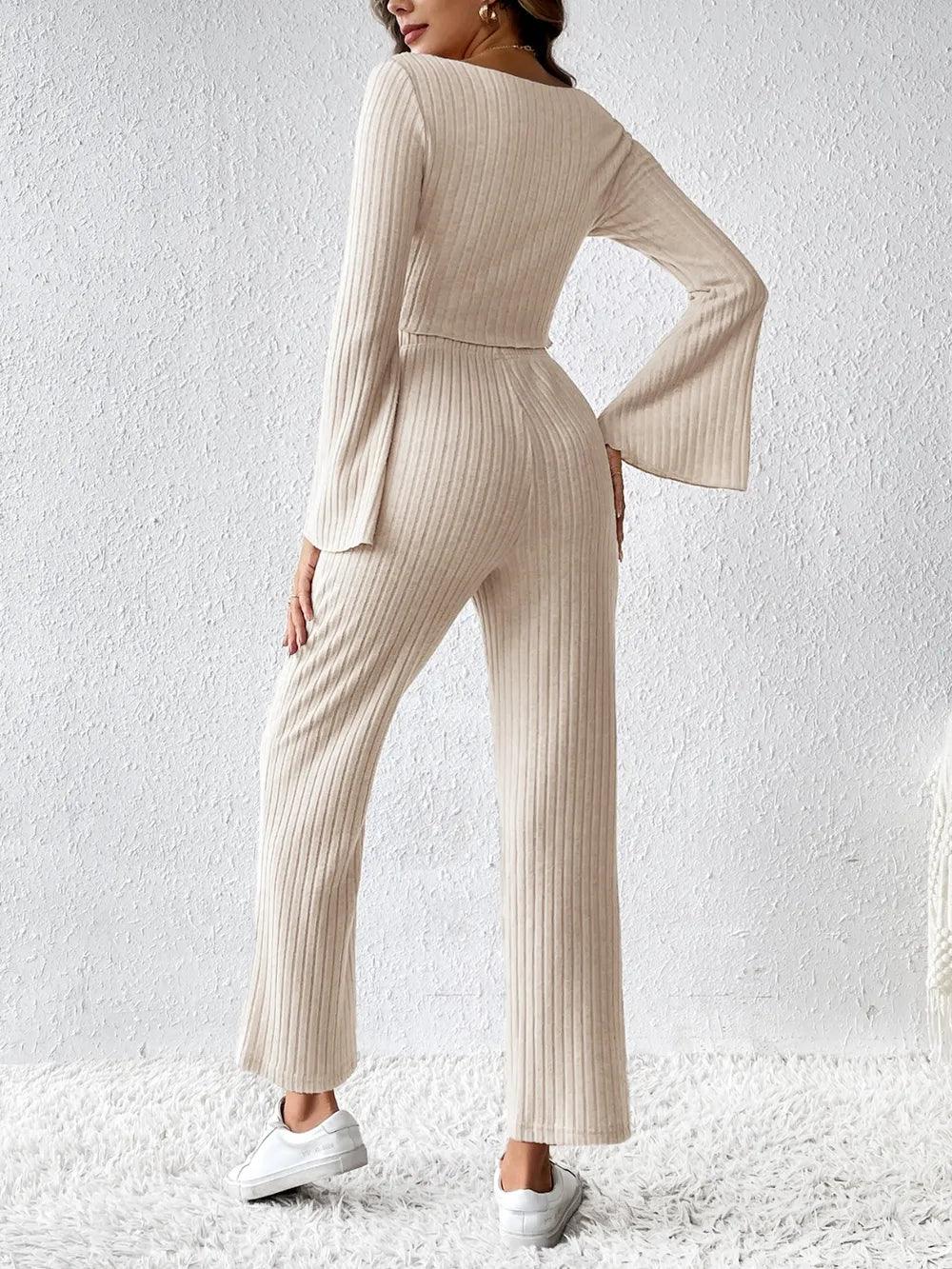 Ribbed Flare Sleeve Top and Pants Set - Which Mark