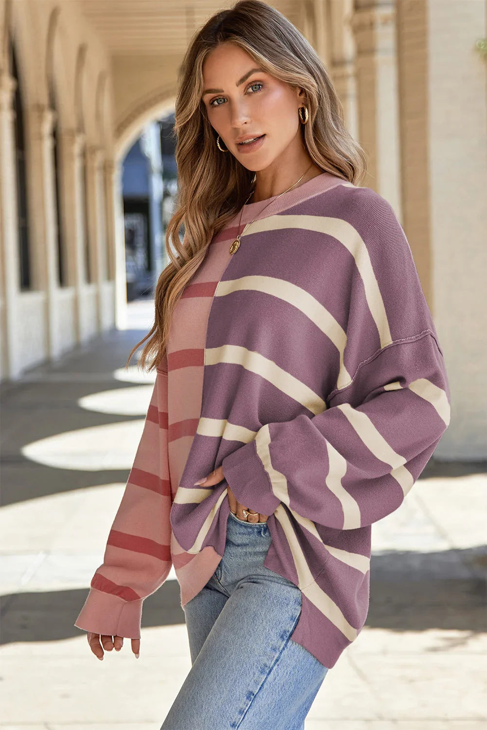 Pink Stripe Colorblock Oversized Sweater - Which Mark