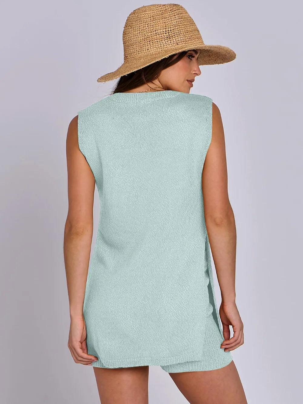 Mandy Side Slit Round Neck Tank and Shorts Sweater Set - Which Mark