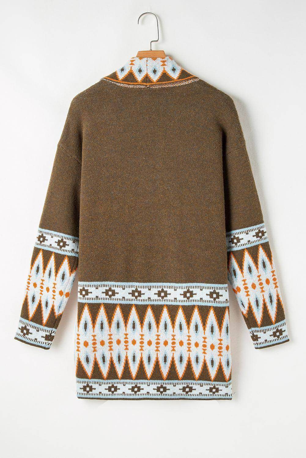 Brown Aztec Print Open Front Knitted Cardigan - Which Mark