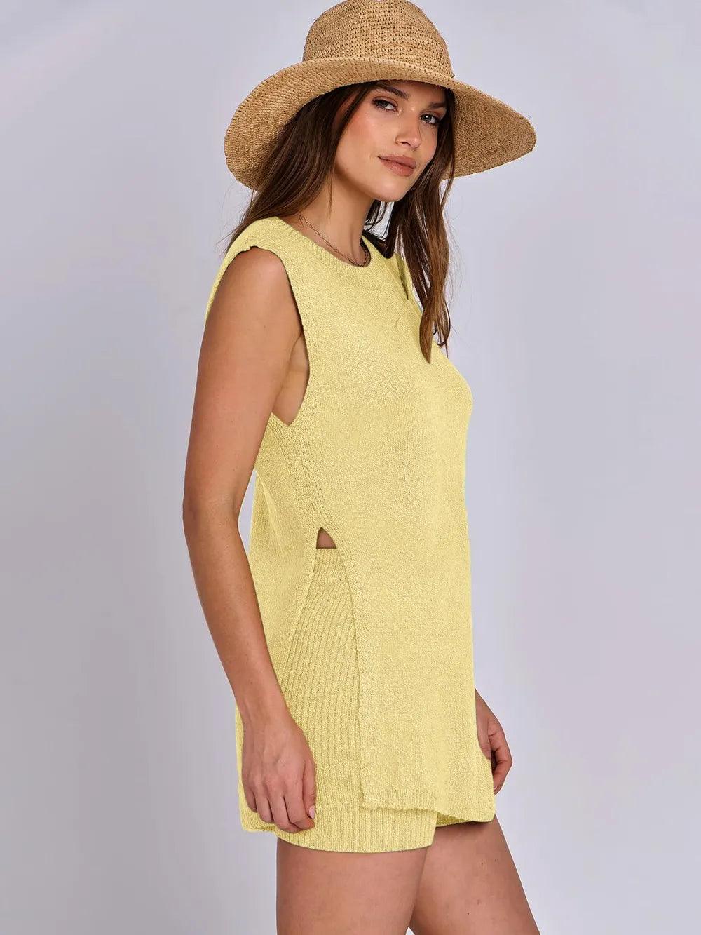 Mandy Side Slit Round Neck Tank and Shorts Sweater Set - Which Mark