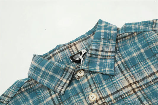 Plaid Long Sleeve DressShirt Casual Polo Collar Raw Edge Men - Which Mark