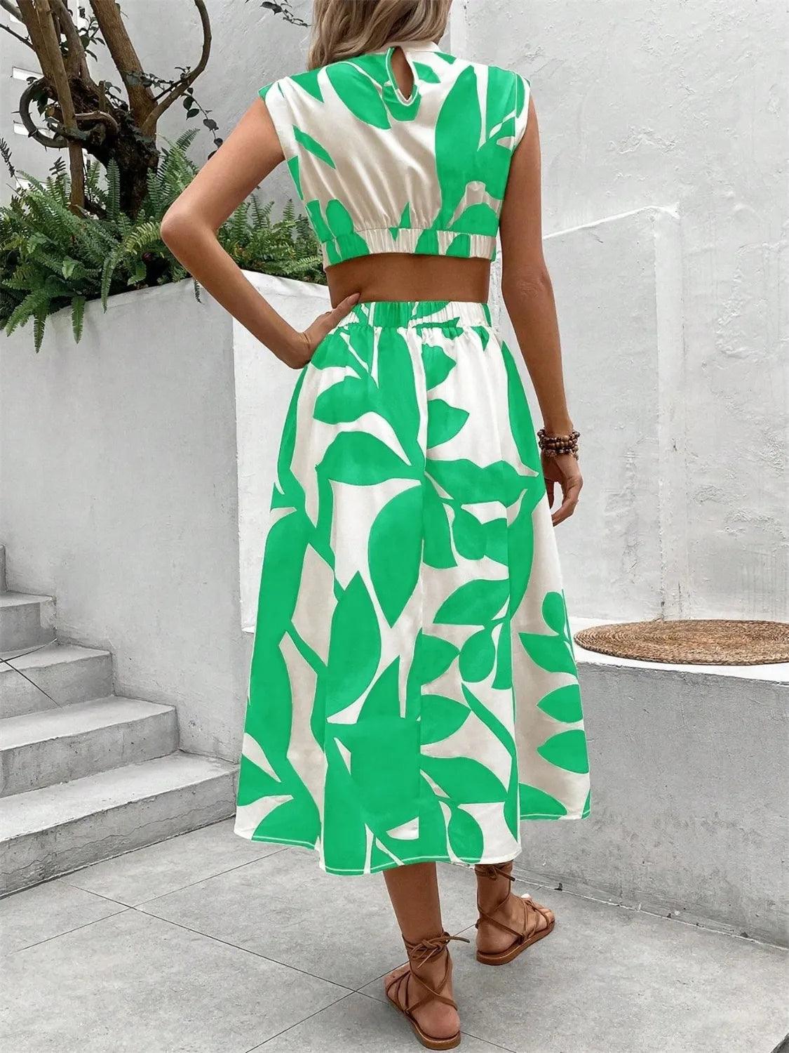 Cutout Printed Cap Sleeve Midi Dress - Which Mark