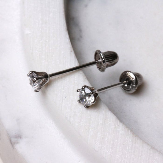 Pair of 14Kt. White Gold Round CZ Earring with Screw Back - Which Mark