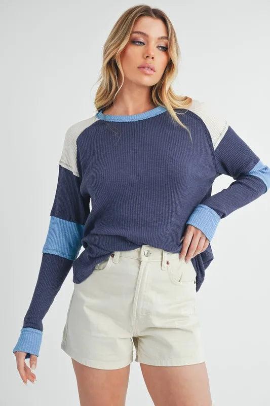 Aemi + Co Raw Seam Color Block Round Neck Knit Top - Which Mark