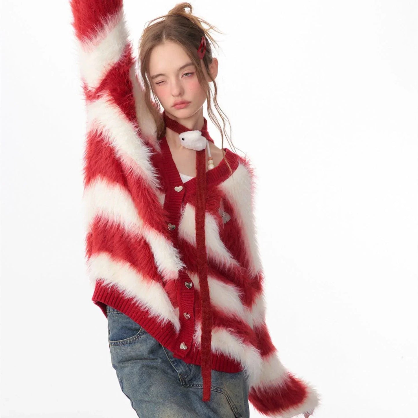 Lady In A Thick Red Sweater With Stripes - Which Mark