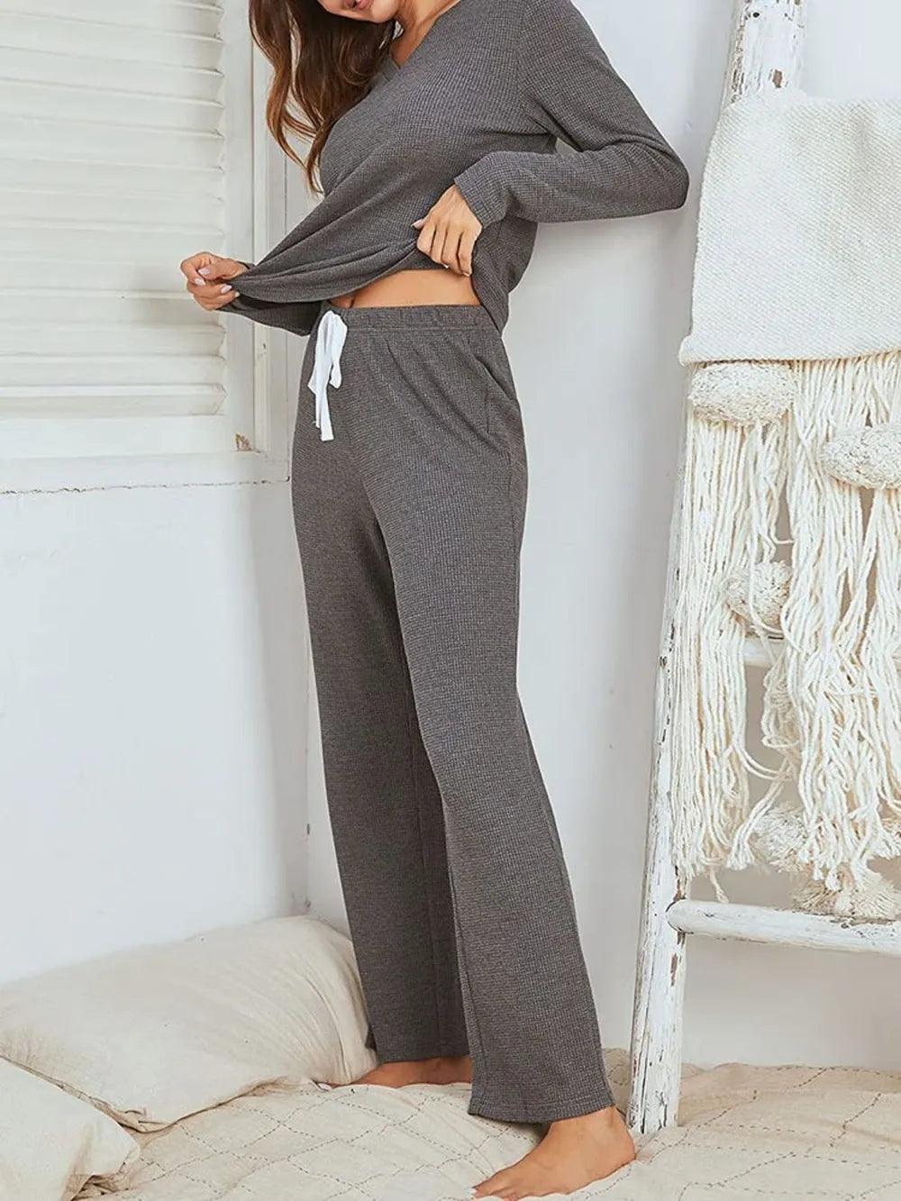 Notched Long Sleeve Top and Pants Set - Which Mark