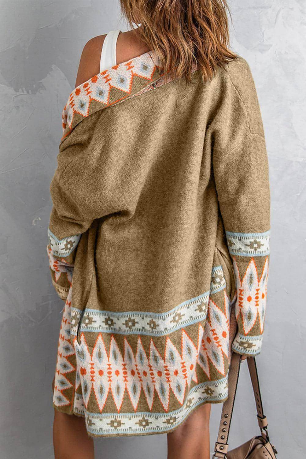 Khaki Aztec Print Open Front Knitted Cardigan - Which Mark