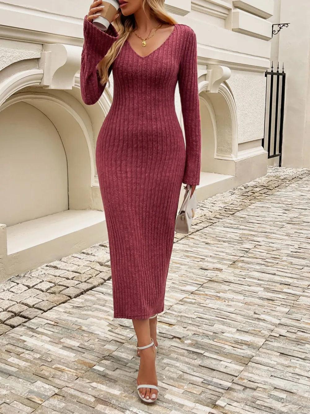 Devine Tied V-Neck Long Sleeve Sweater Dress - Which Mark