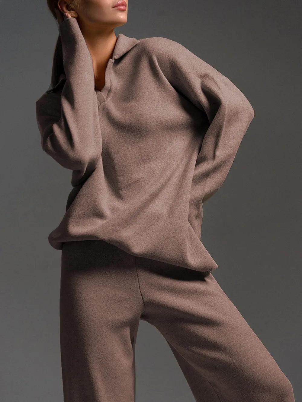 Johnny Collar Long Sleeve Top and Pants Sweater Set - Which Mark
