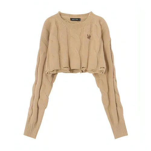 Short Long Sleeve Lazy Wind Pullover Knit Sweater Spice Girl Crew Neck - Which Mark