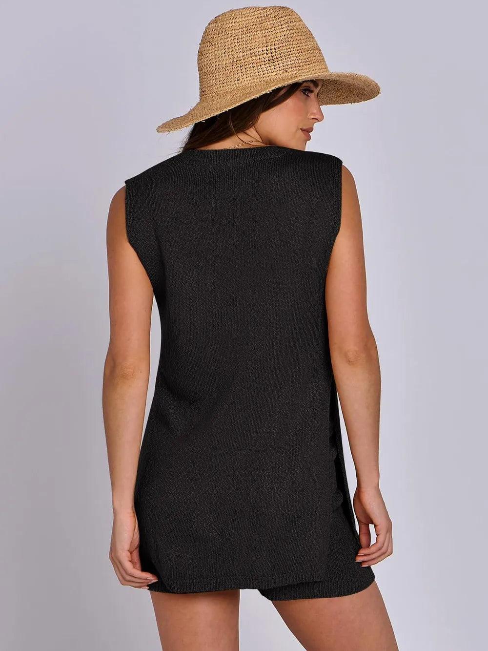 Mandy Side Slit Round Neck Tank and Shorts Sweater Set - Which Mark