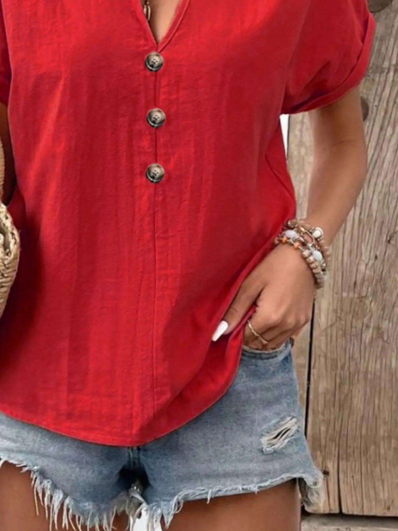 Full Size Notched Short Sleeve Top Plus Size - Which Mark