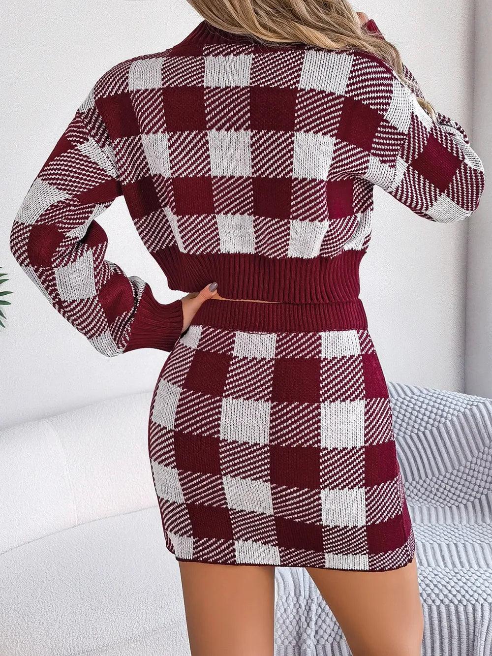 Plaid Round Neck Top and Skirt Sweater Set - Which Mark