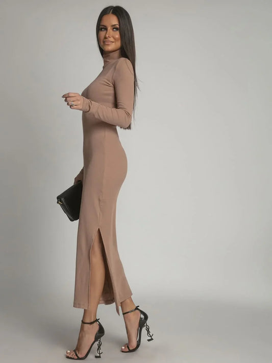 Cotton fitted maxi dress with cappuccino turtleneck FG680 - Which Mark