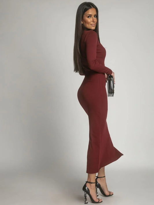 Cotton fitted maxi dress with a turtleneck, burgundy FG680 - Which Mark