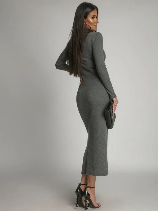 Cotton fitted maxi dress with a turtleneck, graphite FG680 - Which Mark
