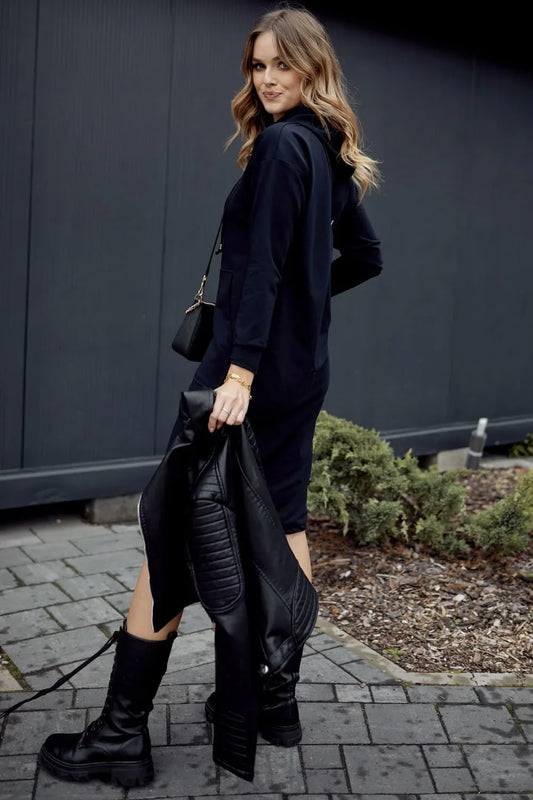 Basic dress with a pocket and ties, navy blue FI723 - Which Mark