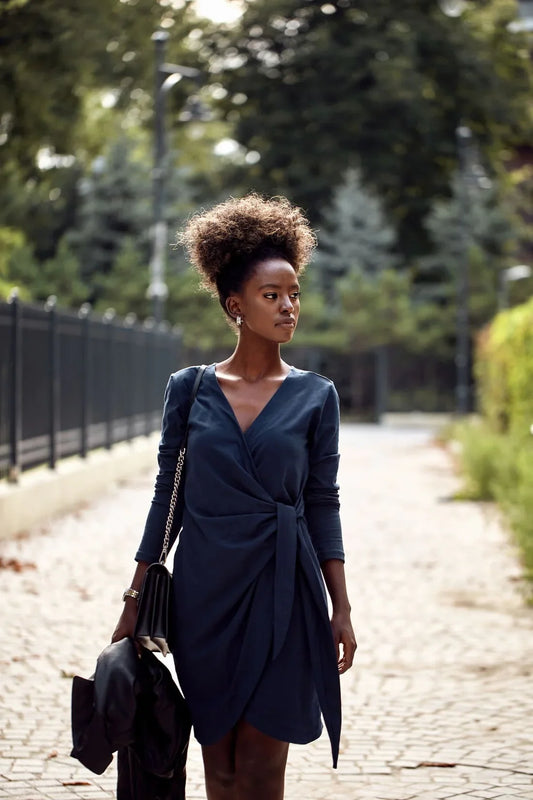 Envelope dress with an asymmetrical bottom, navy blue FK623 - Which Mark