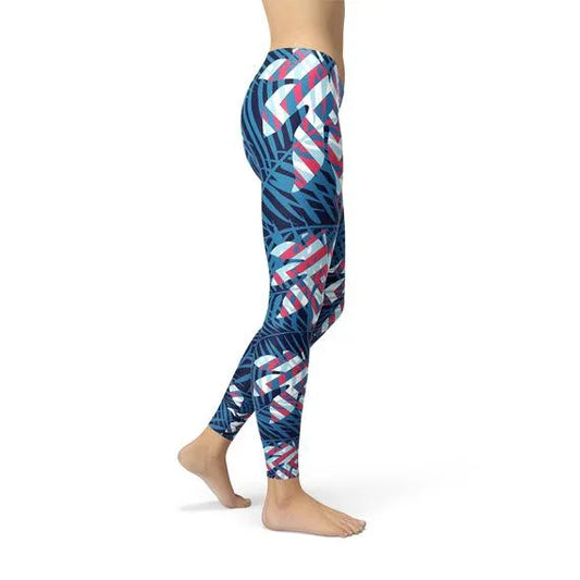 Blue Tropical Leaf Leggings for Women - Which Mark