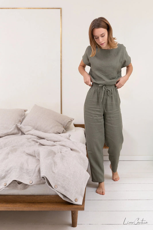 Safari green linen / Natural Linen Pajama set / Linen loungewear / - Which Mark