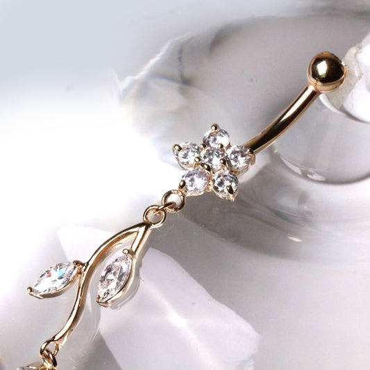 14Kt Yellow Gold Navel Ring with Flower & Vine - Which Mark