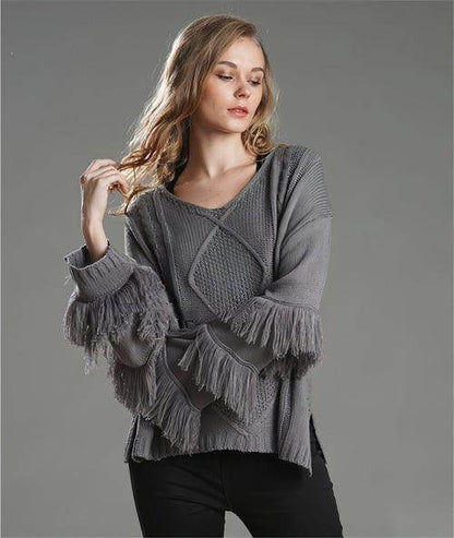 Pullover Loose Sweater Women Tassel Pure Color - Which Mark