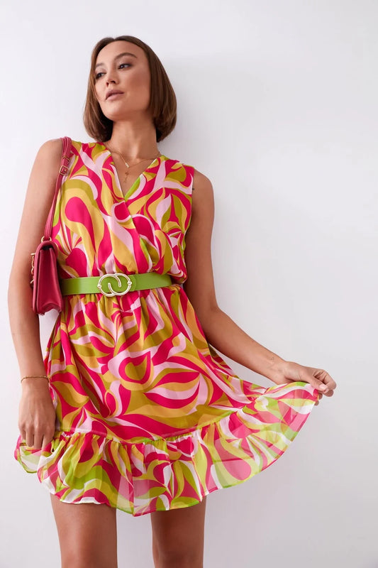 Light patterned dress with a belt, neon green and pink 03040 - Which Mark