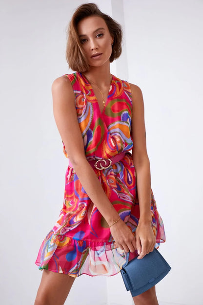 Light patterned dress with a belt, pink and dark blue 03040 - Which Mark