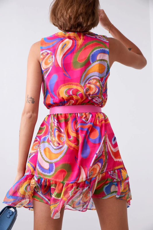Light patterned dress with a belt, pink and dark blue 03040 - Which Mark