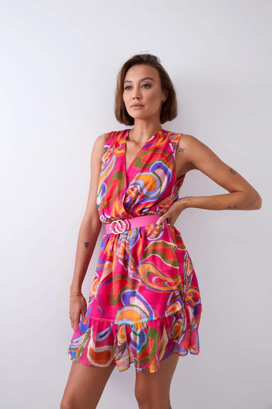 Light patterned dress with a belt, pink and dark blue 03040 - Which Mark