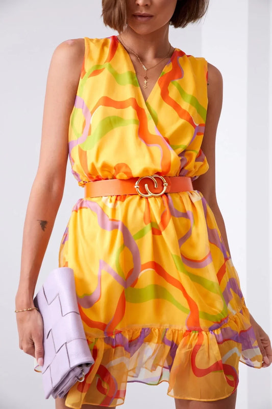 Light patterned dress with a belt, saffron and lilac 03040 - Which Mark