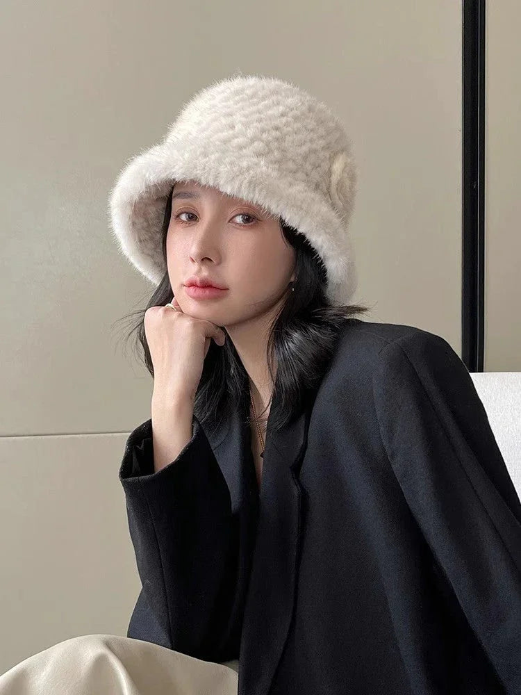 Mink Woven Fur Hat Women's Camellia Flower Bucket Hat - Which Mark