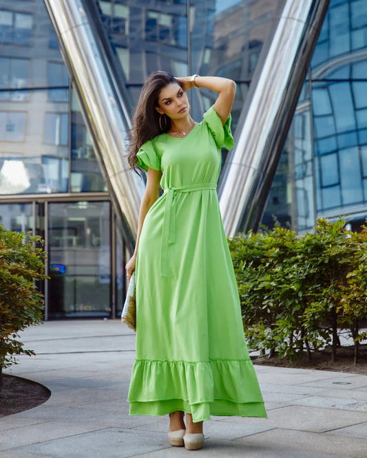 Loose cotton maxi dress with ruffles, neon green 0598 - Which Mark
