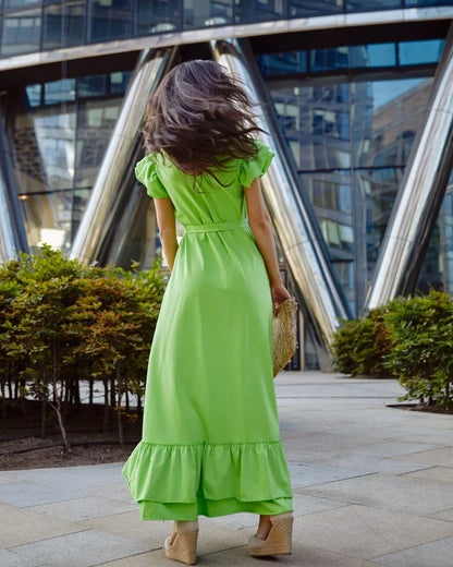 Loose cotton maxi dress with ruffles, neon green 0598 - Which Mark
