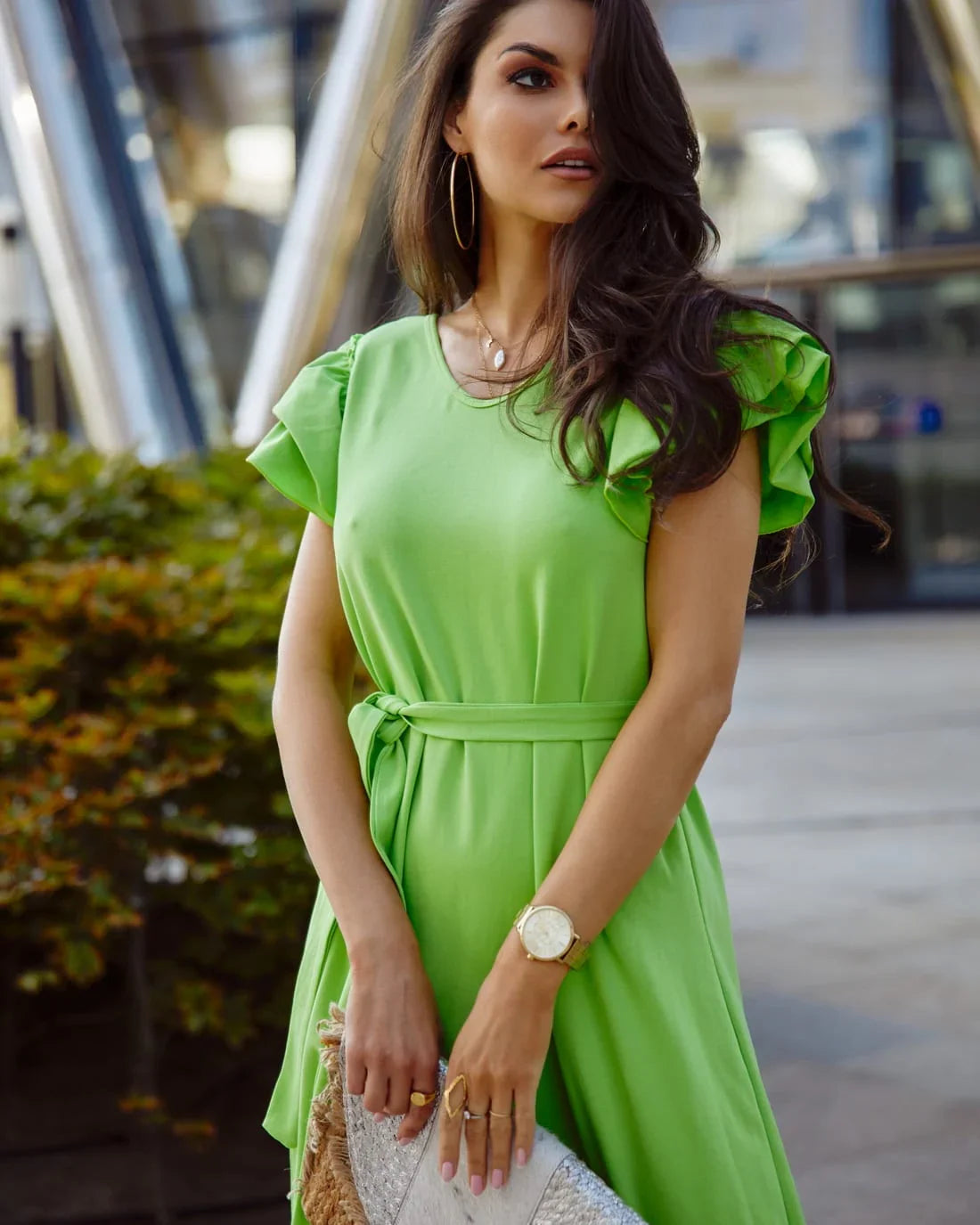 Loose cotton maxi dress with ruffles, neon green 0598 - Which Mark