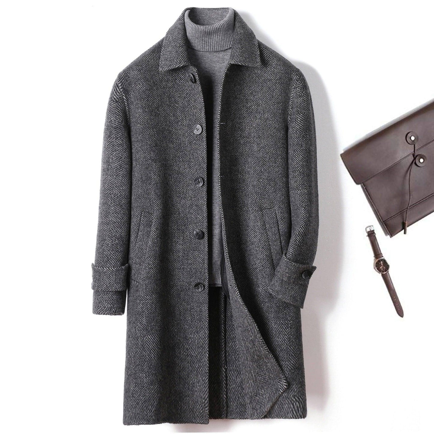 Cashmere Wool Trench Coat Winter Plaid Long Casual Coat Jacke Men - Which Mark