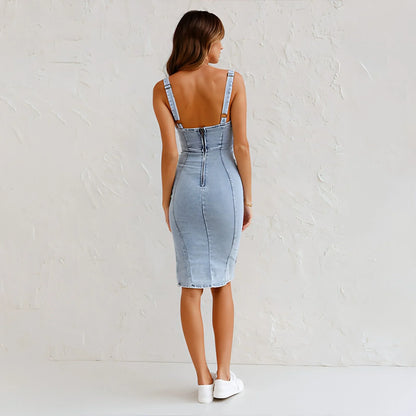 New U-neck Suspender Denim Dress Summer Casual Tight Slim Fit Dresses - Which Mark