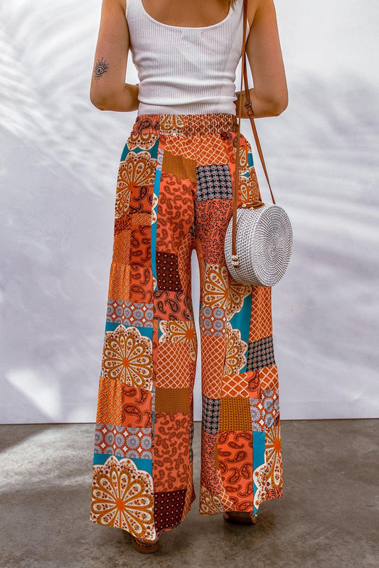 Bohemian Patchwork Drawstring Wide Leg Pants - Which Mark