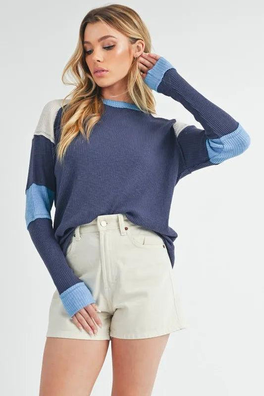 Aemi + Co Raw Seam Color Block Round Neck Knit Top - Which Mark