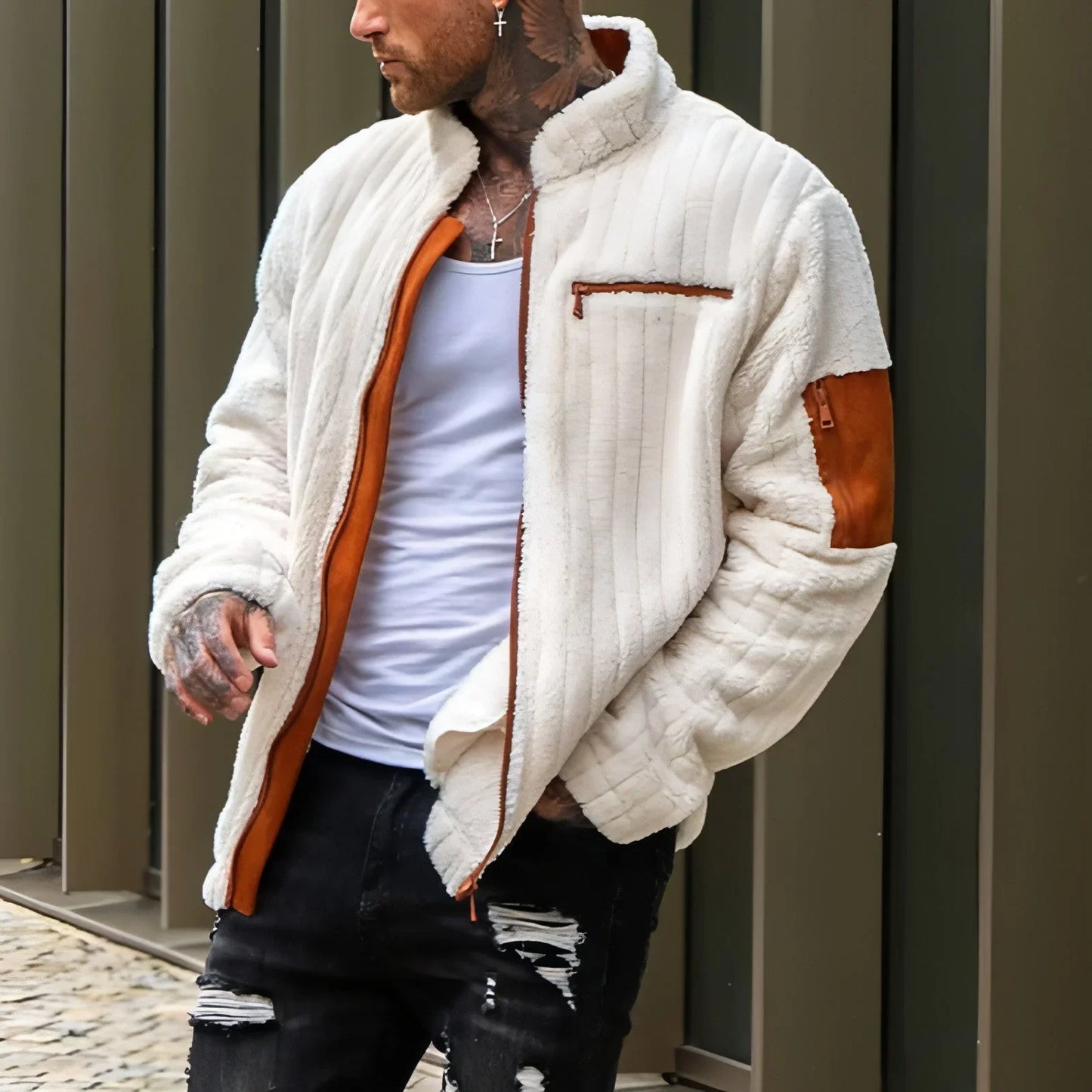 Color Collision Design Plush Jacket For Men - Which Mark